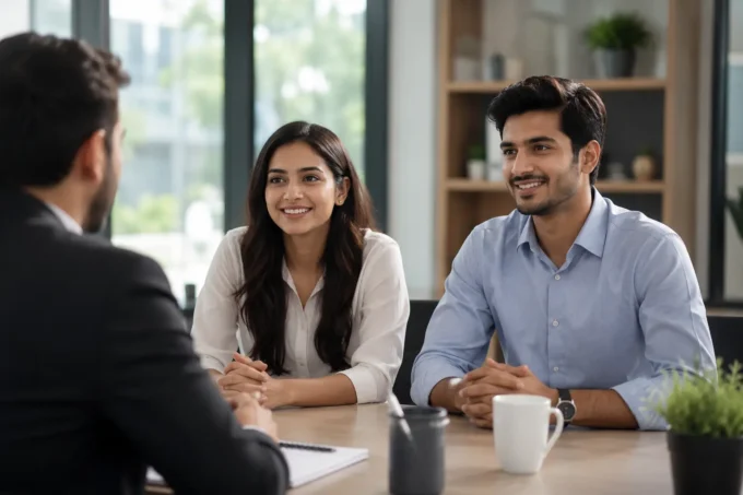 Confident young Indian man and woman attending a job interview with an HR interviewer in a bright modern office, seated across a table in a professional discussion, AI generated.
