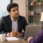 Professional Indian man in his late 20s thoughtfully responding to an HR interviewer across a modern office desk, with a laptop and notepad in a bright, contemporary office, conveying a calm salary negotiation discussion.