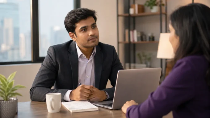 Professional Indian man in his late 20s thoughtfully responding to an HR interviewer across a modern office desk, with a laptop and notepad in a bright, contemporary office, conveying a calm salary negotiation discussion.